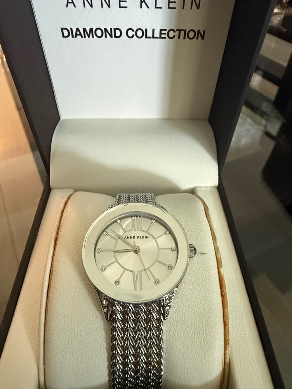 Anne Klein Silver Mesh Bracelet Watch with Crystal Markers